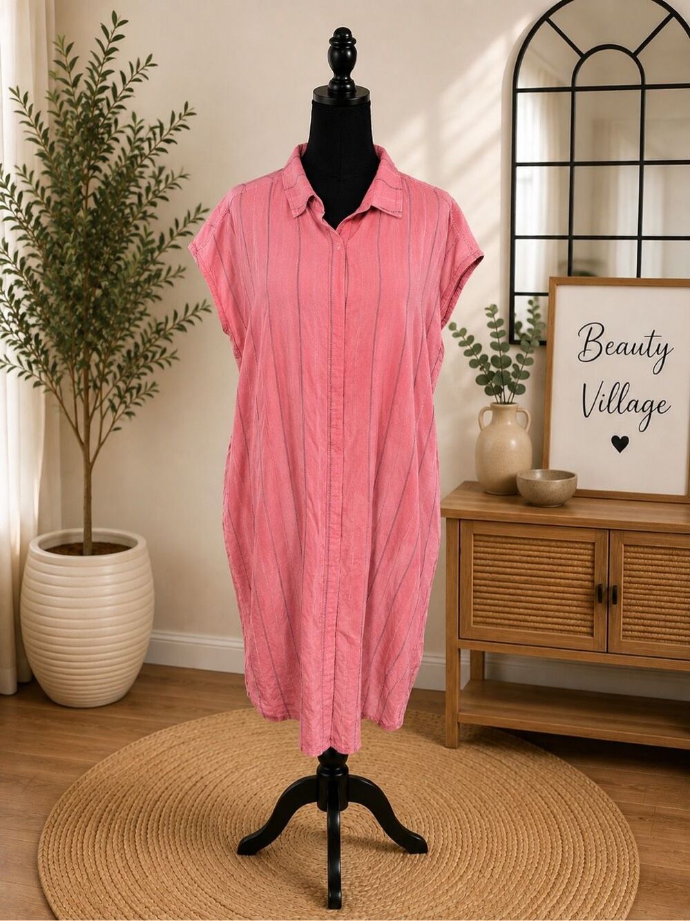 Blu Dahlia Pink Collared Oversized Shift Style Short Sleeve Shirt Dress-Size XL-